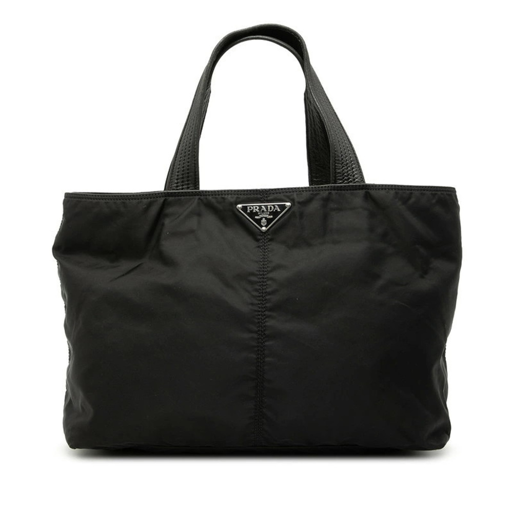 Prada Triangle Plate Handbag Tote Bag Black Leather